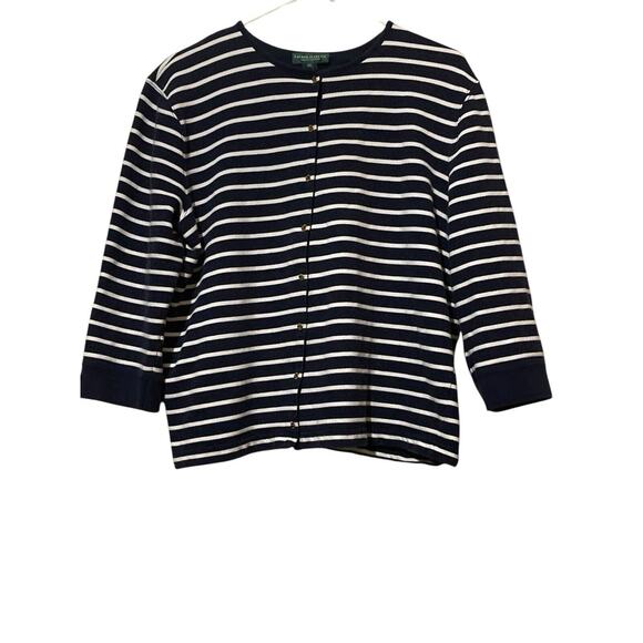 Ralph Lauren Sweater Womens XL Blue White Striped Button Front Long Sleeve VTG - Picture 1 of 7